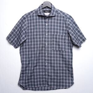 Hiromichi Nakano Short Sleeve Cutaway Collar Shirt Blue/Green Plaid 100% Cotton